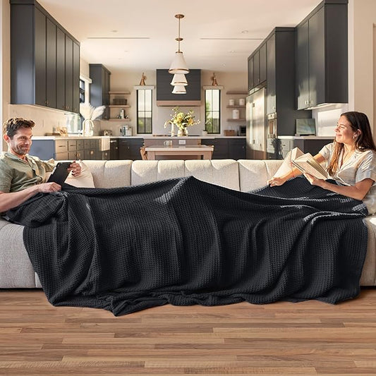 Bedsure Gentlesoft 100% Cotton Blanket Queen Size for Bed - Breathable and Soft, Thick Cozy Waffle Weave Christmas Blanket Gift for Women, Black, 90x90 Inches