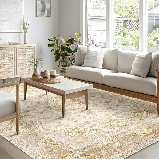 8'x10' Area Rugs Washable,Boho Rug for Living Room Bedroom Dining Room,Large Vintage Bohemian Distressed Oriental Carpet Non Slip,Beige Gold Floral