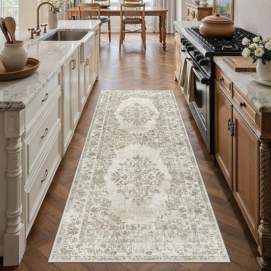 2x6 Runner Rug Beige Washable Hallway Kitchen Bedroom Vintage Distressed Bathroom Non Slip Medallion Floral Carpet Indoor Retro Throw Floor Mat for Office Dining Laundry Living Room