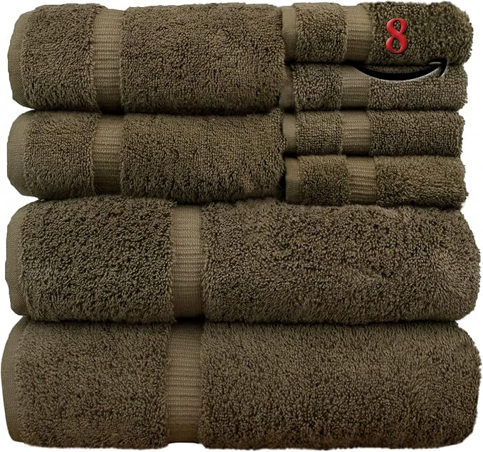 BC Bare Cotton Luxury Hotel & Spa Quality, Highly Absorbent 100% Turkish Cotton, 750+ GSM, Eco Friendly Towel, Bathroom and Kitchen Dobby Border Towels(8 Piece, Cocoa)