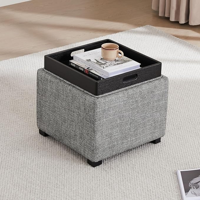 CHITA Storage Ottoman Cube with Tray Lid, Small Footstool with Storage, Square End Table for Living Room and Bedroom, Fabric in Pebble Grey