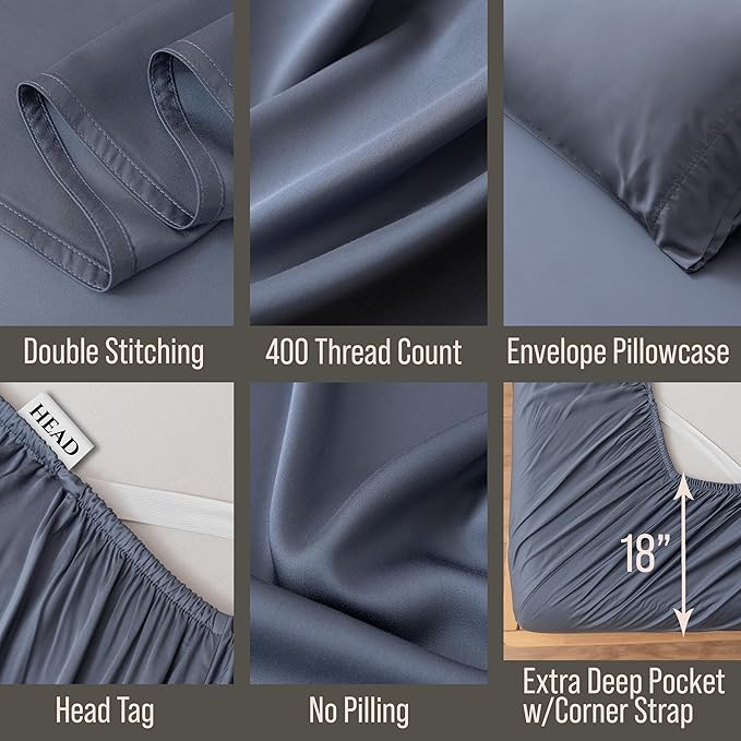 Bella Coterie 6 Piece Luxury Bamboo Viscose Queen Size Sheet Set | 100% Organically Grown | Cooling for Hot Sleepers | 18" Deep Pocket | Soft & Hypoallergenic | 4 Pillowcases [Slate Blue]