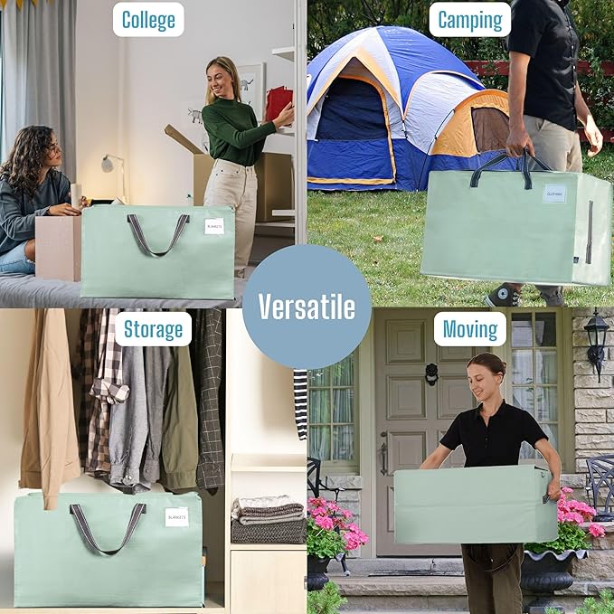 VENO 10 Pack Moving Bags and Large Christmas Decoration Storage Bins with lids. Alternative to Moving Boxes, Packing Supplies for College. Heavy Duty Totes (Shiny Light Green, 10 Pack)