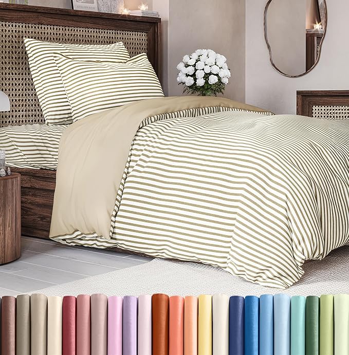 Duvet Cover Twin/Twin XL Size Set - Extra Soft Duvet Cover 68 x 90 with 1 Pillow Sham - Hotel Luxury, Easy Care & Fade Free w/ Zipper Closures & Ties - Comfy, Breathable Bedding Set (Beige Stripes 2)