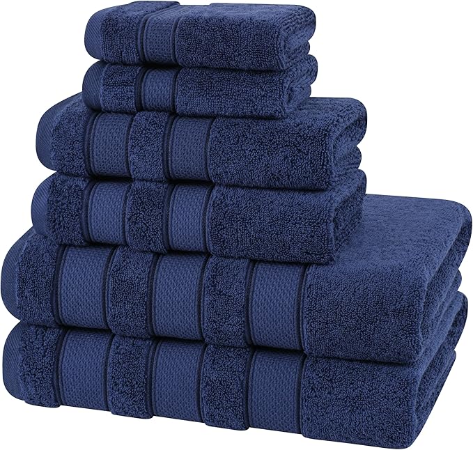 American Soft Linen Salem Turkish Bath Towel Set, 100% Cotton 600 GSM 6 Piece Towels for Bathroom, 2 Bath Towels 2 Hand Towels 2 Washcloths, Navy Blue