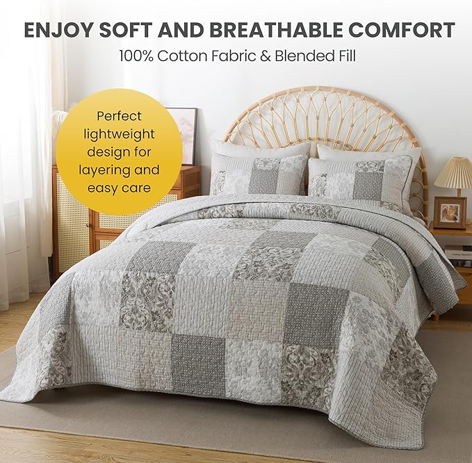 SLPR Silver Linings Cotton Quilt Set - Twin Size with 1 Sham, Neutral Pieced Patchwork Design, Country Silver Gray Quilted Comforter, Lightweight Summer Farmhouse Bedspread