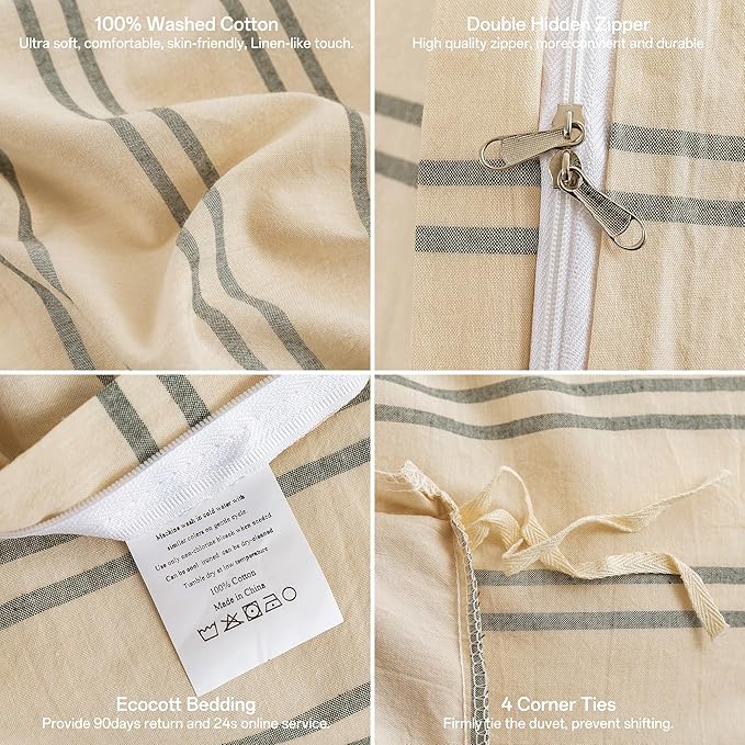 ECOCOTT Duvet Cover Queen Size - Linen Feel Organic Natural 100% Washed Cotton, Soft Breathable & Durable Bedding Set, Comfy Stripe Design for All Seasons
