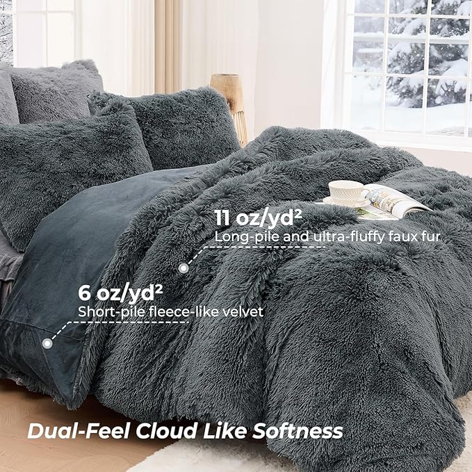 Sasttie 3-Piece Fluffy Duvet Cover Full, Ultra Soft Faux Fur and Velvet Grey Comforter Cover, Luxury Fuzzy Bedding Sets for Winter Bed, Includes 1 Duvet Cover and 2 Pillowcases, No Comforter