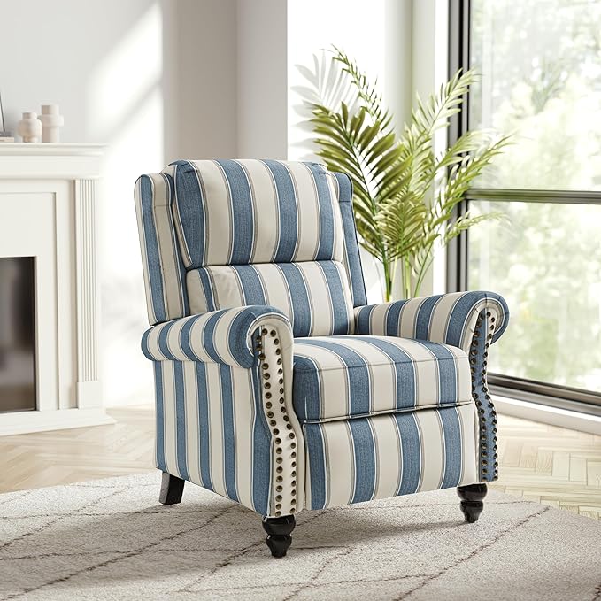 Recliner Chair Set of 2, Modern Pushback Armchair with Adjustable Backrest & Footrest for Bedroom, Living Room-Navy Blue Stripe