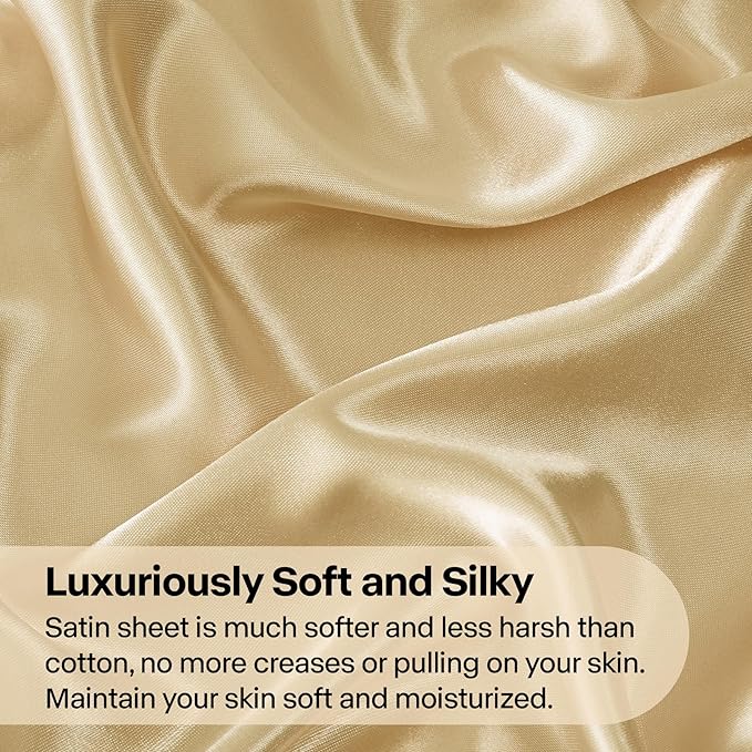 BEDELITE King Size Sheets Set, Luxury Soft Champagne Satin Sheets for Hair and Skin, Similar to Silk Bed Sheets Set 4 Pieces with 1 Deep Pocket Fitted Sheet, 1 Flat Sheet, and 2 Pillowcases
