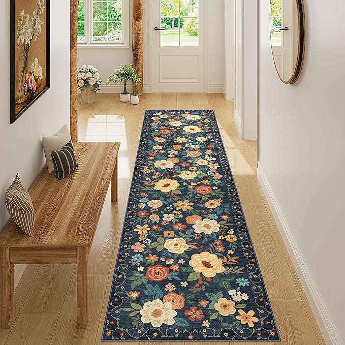 DUKINO 2x8 Runner Rug for Hallway, Washable Kitchen Runner Rug with Rubber Backing Non Slip, Low Pile Soft Boho Floral Thin Carpet for Entryway, Hallway, Bathroom, Laundry Room, Navy Blue