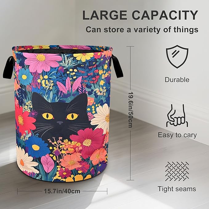 Black Cat Floral Laundry Basket Foldable Oxford Cloth Tote Bag Laundry Hamper Clothes Storage Bucket Organizer For Bathroom/Laundry Storage/Bedroom 19.6x15.7 Inch