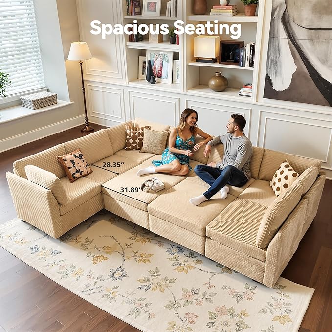 Large 9 Seat Modular Sectional Sofa with Ottoman Seat Corduroy Sleeper Sectional Sofa Bed Oversized Convertible Modular Couch for Living Room