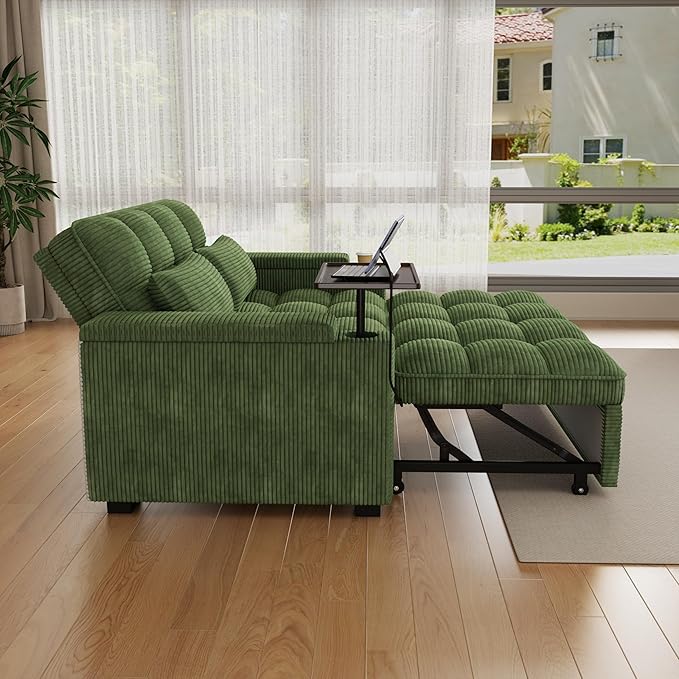 65" Sofa Bed, Loveseat 3-in-1 Sleeper Sofa with Pull Out Bed, 360° Swivel Side Table and USB, 2 Seater Convertible Small Couch for Living Room Apartment (Green, Corduroy)