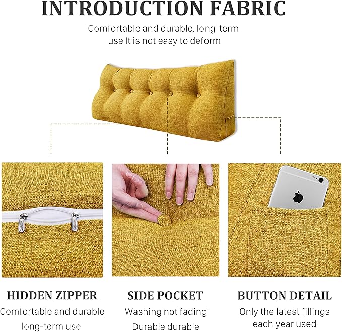 11 lbs Thickened Headboard Pillow Wedge Pillow Headboard Reading Pillow Bed for Comfortable Backrest Reading Triangular Pillow with Side Pocket for Sitting in Bed Cotton Linen Yellow Queen