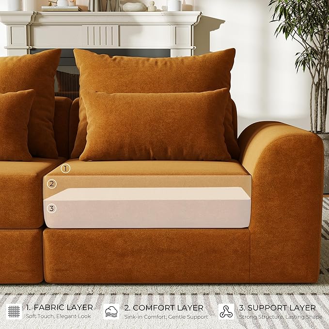 Modular loveseat with Ottoman, L-Shape Boneless Couch, Customizable Sectional Couch, Free Combination Design Sleeper Sofa, Clay Ember