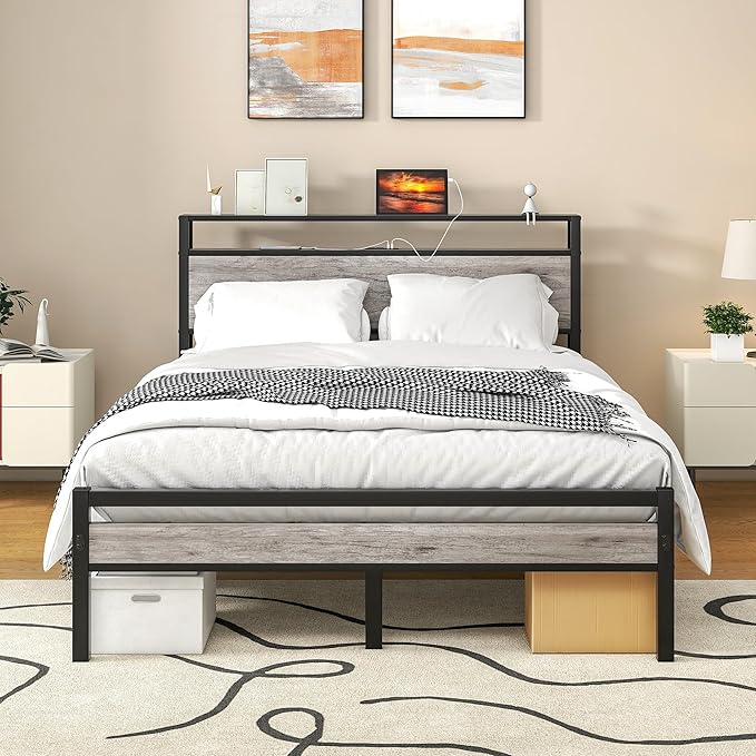 HOJINLINERO Full Size Bed Frame with Storage Headboard/USB Charging Station,Metal Platform Bed Frame Full Size No Box Spring Needed,Noise-Free,Strong Steel Slats Support,Warm Grey