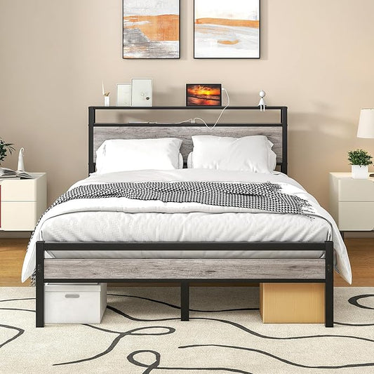 HOJINLINERO Full Size Bed Frame with Storage Headboard/USB Charging Station,Metal Platform Bed Frame Full Size No Box Spring Needed,Noise-Free,Strong Steel Slats Support,Warm Grey