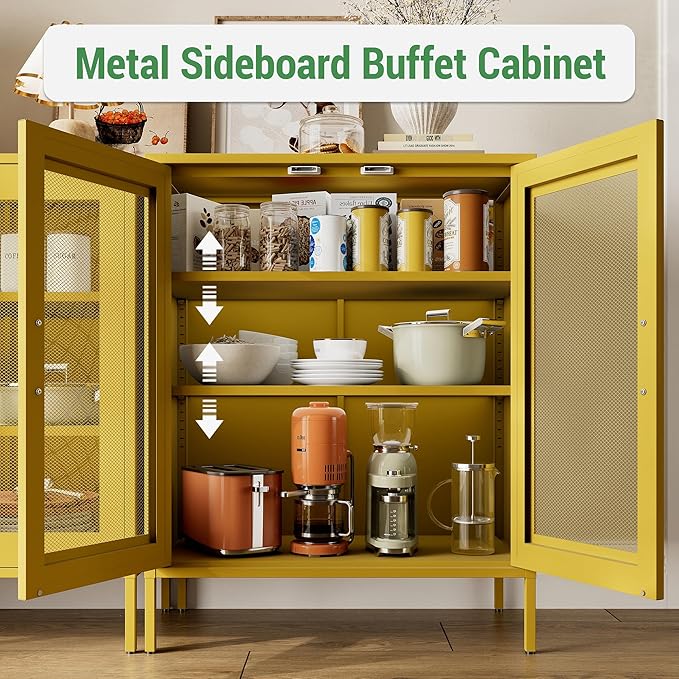 40"H Yellow Metal Cabinet,Locker Storage Cabinet,Bathroom Floor Storage Cabinet,Small Yellow Cabinets with 4 Doors,Freestanding Sideboard,Pantry Food Cabinet for Hallway,Home Office, Kitchen
