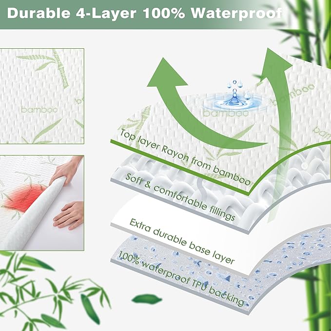 Parkdeny Twin XL Mattress Encasement, Waterproof Cooling, Rayon from Bamboo, 3D Air Fabric, Breathable, Noiseless, Washable, Fits 5"-13" Deep Mattresses