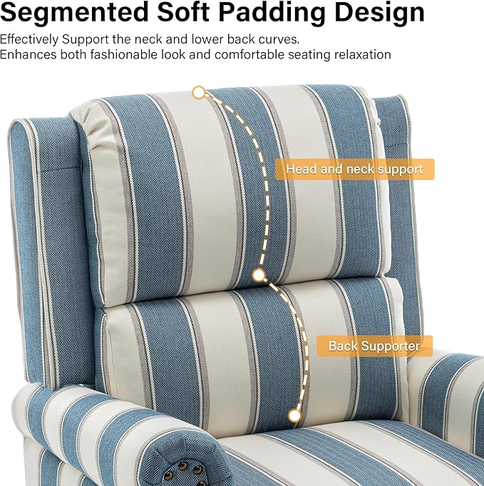 Recliner Chair Set of 2, Modern Pushback Armchair with Adjustable Backrest & Footrest for Bedroom, Living Room-Navy Blue Stripe