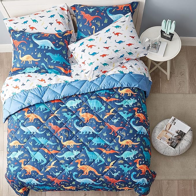Dinosaur Kids Bedding Set for Boys, Queen Size 7 Pieces Bed in a Bag, Super Soft Lightweight Microfiber Comforter Set with Sheets, Durable Children Bed Set