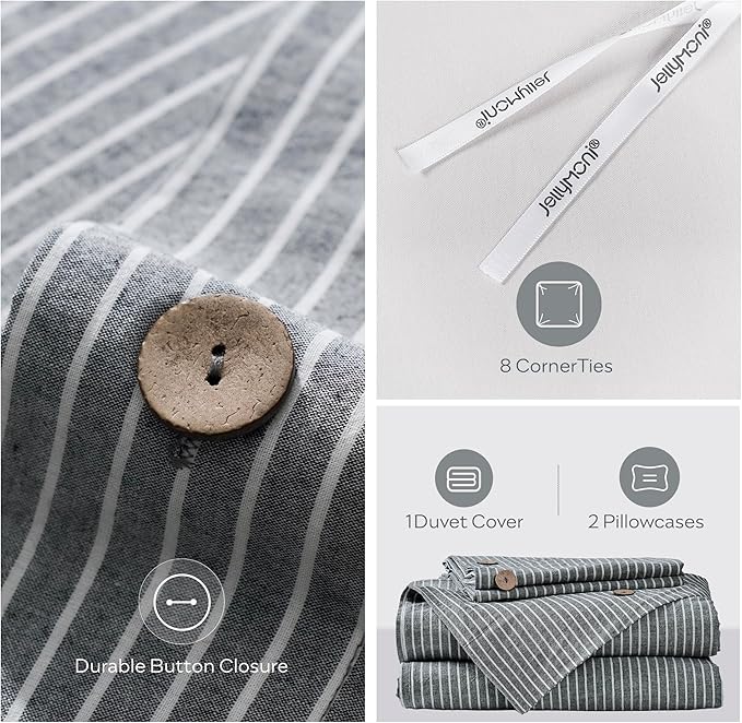 JELLYMONI Cotton Duvet Cover Queen Size - Black Vertical Pinstriped Comforter Cover with Button 100% Washed Cotton 3PCS Breathable Soft Solid Bedding Set Duvet Cover 90×90in & 2 Pillowcases