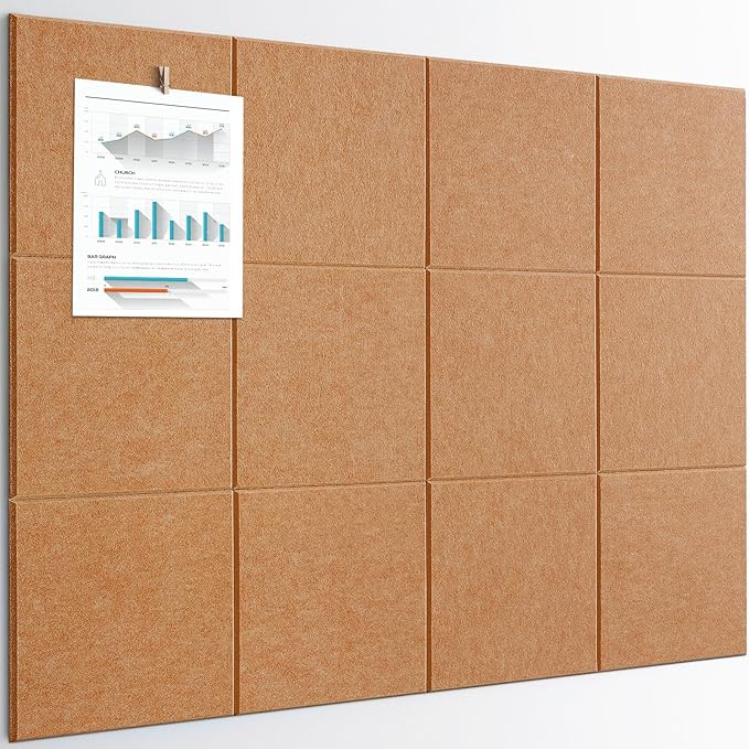 Large Bulletin Board 48" x 36" - 12 Pack Felt Wall Tiles with 60 Pcs Safe Removable Adhesive Tabs & 40 Pcs Pushpins, Cork Board for Office, School & Dart Wall Protector - Warm Beige