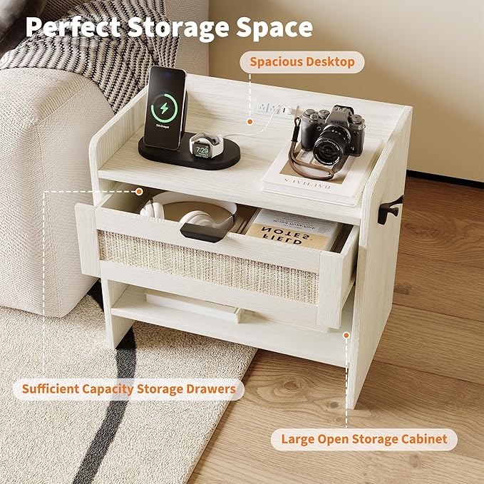 Rattan Nightstand, Bedside Table with Type-C Charging Station - 1 Storage Drawer & Open Storage Space, Boho End Table Side Table for Bedroom Office, Large Night Stand with Charging Port