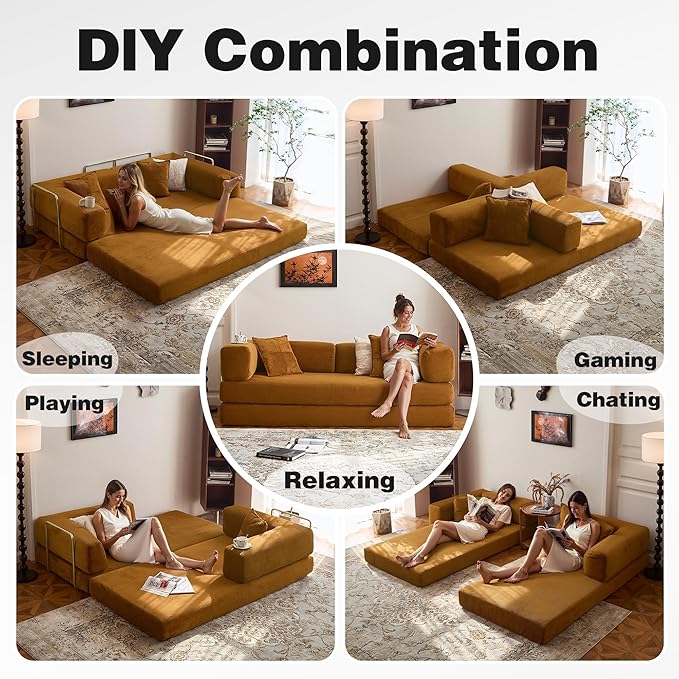 78.8" Convertible Sofa Bed - Compression Sofa with Corduroy Fabric - with Armrests and Backrest - Modular Sectional for Living Room, Bedroom, Studio - Compression Sofa in Box (Yellow)