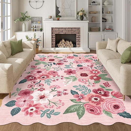 DUKINO 6x9 Area Rug, Floral Washable Rugs for Living Room with Non Slip Backing & Non-Shedding, Lightwight Low Pile Boho Design Large Carpets for Bedroom, Living Room, Dining Room, Pink