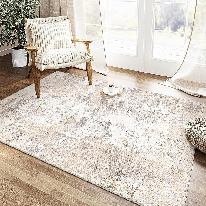 3x4 Washable Area Rug Beige Grey Abstract Entryway Office Throw Rug Neutral Modern Non Slip Soft Low Pile Small Carpet for Kitchen Living Room Bedroom Entrance