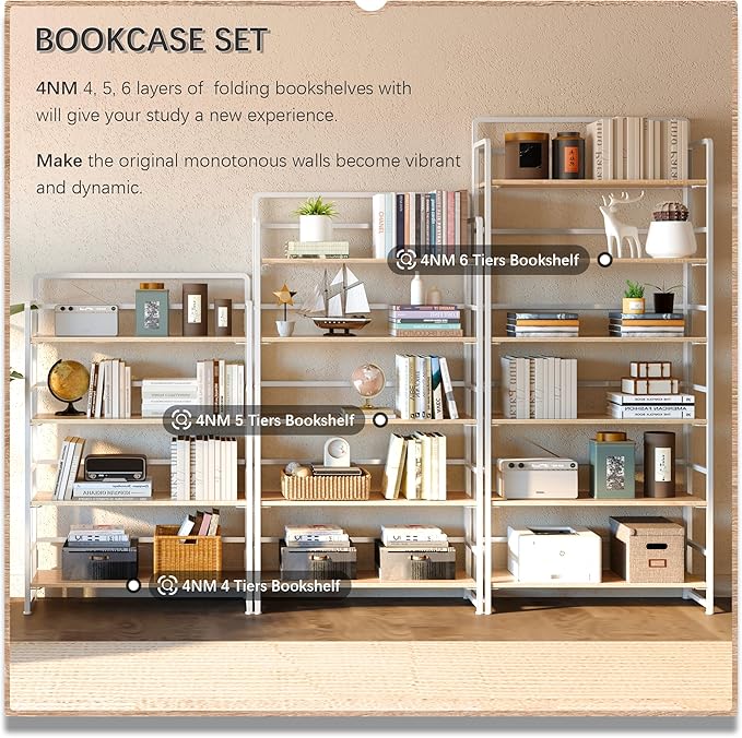 4NM No Assembly Extra Wide 4 Tiers Folding Bookshelf Storage Shelves Vintage Bookcase Standing Racks Study Organizer Home Office (Natural White)