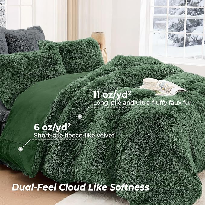 Sasttie 3-Piece Fluffy Duvet Cover Full, Ultra Soft Faux Fur and Velvet Sage Comforter Cover, Luxury Fuzzy Bedding Sets for Winter Bed, Includes 1 Duvet Cover and 2 Pillowcases, No Comforter