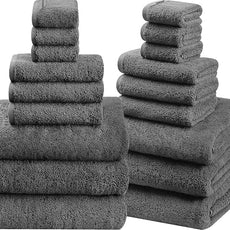 SEMAXE 18-Pack Bath Towel Set Include 6 Bath Towels, 6 Hand Towels, 6 Wash Cloths, 100% Cotton Bathroom Towels with Hanging Loops and Nano-Bio Lifecycle Labels, Soft and Absorbent Towel, Grey
