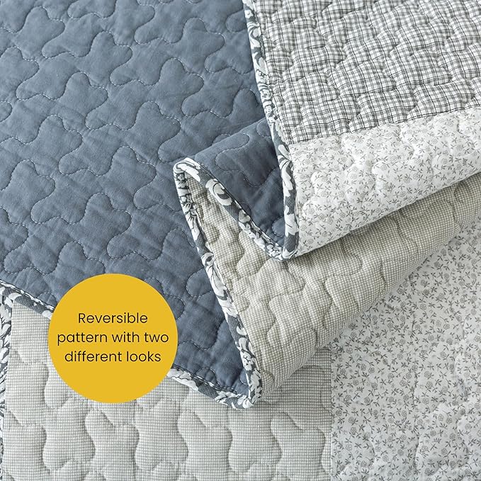 SLPR Sweet Dreams Cotton Quilt Set - Queen Size with 2 Shams, Pieced Patchwork Bedding in Blue and Gray, Country Style Farmhouse Quilted Bedspread