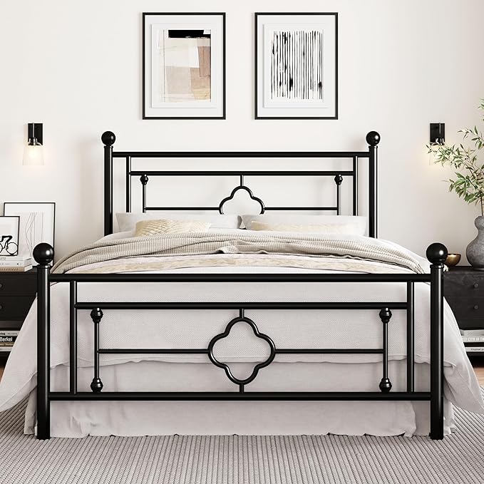 SHA CERLIN 14 Inches Full Size Metal Platform Bed Frame/Vintage Iron-Art Headboard and Footboard/Mattress Foundation for Storage/No Box Spring Needed/Noise-Free/Easy Assembly/Black