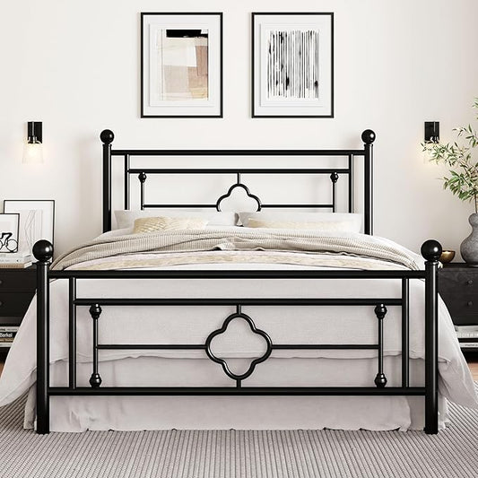 SHA CERLIN 14 Inches Full Size Metal Platform Bed Frame/Vintage Iron-Art Headboard and Footboard/Mattress Foundation for Storage/No Box Spring Needed/Noise-Free/Easy Assembly/Black
