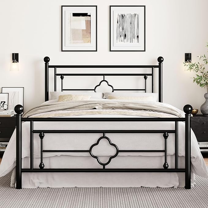 SHA CERLIN 14 Inches Queen Size Metal Platform Bed Frame/Vintage Iron-Art Headboard and Footboard/Mattress Foundation for Storage/No Box Spring Needed/Noise-Free/Easy Assembly/Black