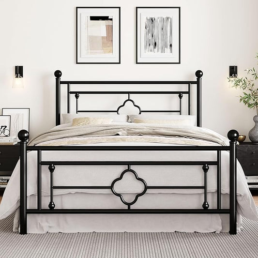 SHA CERLIN 14 Inches Queen Size Metal Platform Bed Frame/Vintage Iron-Art Headboard and Footboard/Mattress Foundation for Storage/No Box Spring Needed/Noise-Free/Easy Assembly/Black