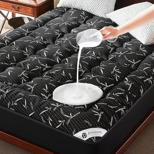 100% Waterproof Queen Size Mattress Topper, Thick Pillow Top Mattress Pad，Up to 24 Inch Deep Pocket,Soft Breathable Mattress Pad for Back Pain, Protector Cover(Black)