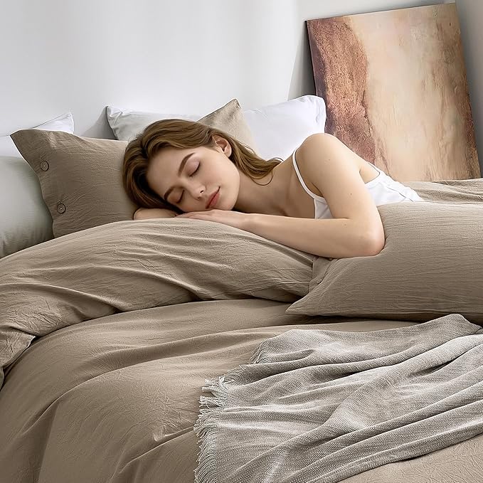JELLYMONI 100% Washed Cotton Standard Pillowcases Set, 2 Pack Linen-Like Texture Breathable Pillow Covers with Button Closure,Dusty Khaki Standard 20"×26"(Pillows are not Included)