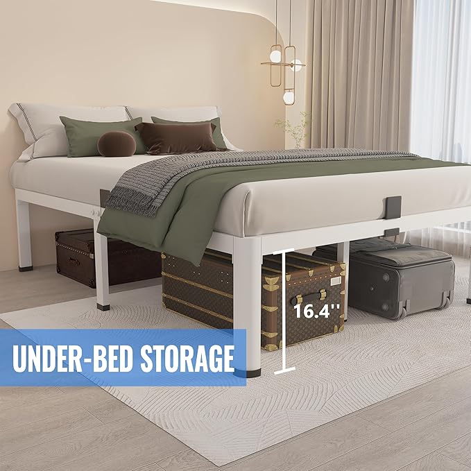 MAF 18 Inch California King Bed Frame White with Round Corner Legs Mattress Slide Stopper No Box Spring Needed Heavy Duty Metal Platform Bed Frames, 3000 LBS Steel Slats Support