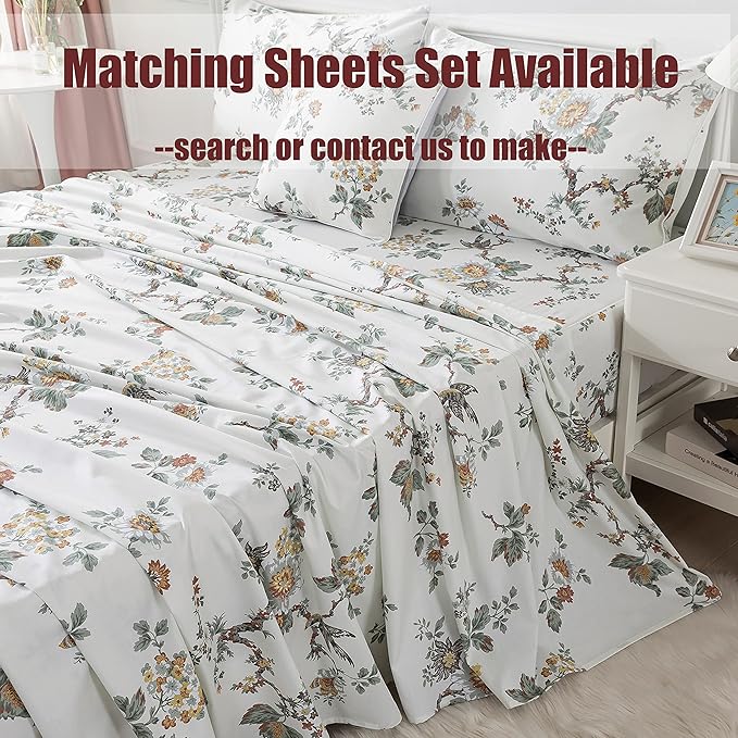 FADFAY Duvet Cover Set Twin XL Elegant Floral College Bedding Shabby Beige Bird Print Flower Quilt Cover Set 100% Cotton Soft Comforter Cover Set with Zipper Closure 3Pcs, Twin XL Size for Dorm Room