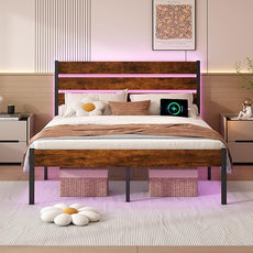 Full Size Bed Frame with Headboard,Heavy Duty LED Bed Frame with USB Charging Station,Mattress Foundation-Under Bed Storage, No Box Spring Needed, Noise Free,Brown