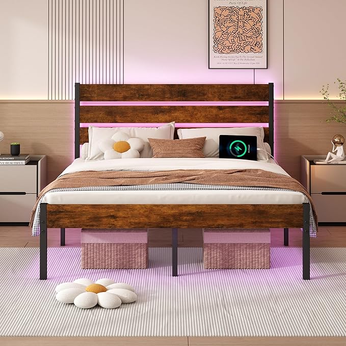 Full Size Bed Frame with Headboard,Heavy Duty LED Bed Frame with USB Charging Station,Mattress Foundation-Under Bed Storage, No Box Spring Needed, Noise Free,Brown