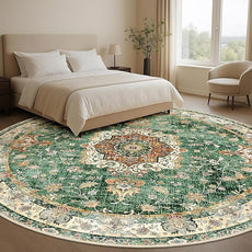 Large Green Round Rug 9ft, Boho Circle Area Rugs for Bedroom Living Room,Washable Vintage Bohemian Distressed Oriental Floral Carpet Non Slip,Retro Sage Floral