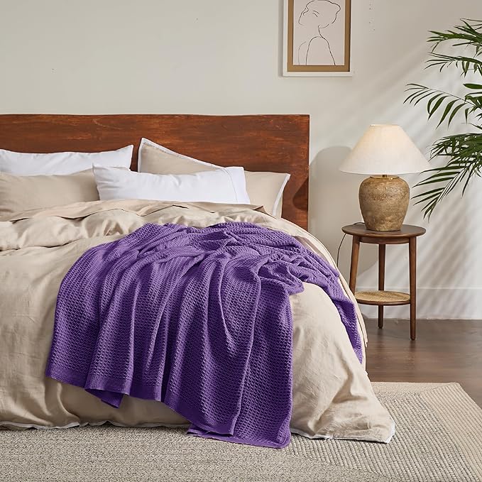 Bedsure Gentlesoft 100% Cotton Blanket Queen Size for Bed - Breathable and Soft, Thick Cozy Waffle Weave Christmas Blanket Gift for Women, Purple, 90x90 Inches