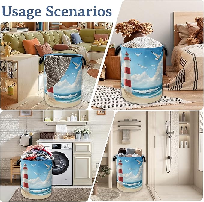 Lighthouse On The Beach Laundry Basket,Foldable Oxford Cloth Laundry Hamper With Handle, 20.8"x16" Portable Clothes Storage Basket Bag for Laundry Room/Bathroom/Bedroom/Dormitories
