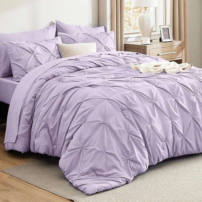 Bedsure Full Comforter Set Light Purple - Bed in a Bag Full Size Bedding Set 7 Pieces, GentleSoft™ Pintuck Bed Set Gift for Family, Pinch Pleat All Season Comforter with Sheets, Pillowcases & Shams